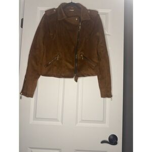 Joujou Faux Suede Moto Jacket Gold Hardware Zipper Cuffs Xl Brown